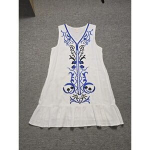 Klozlyne White Ruffle Tunic Dress Size M Sleeveless Lined Embroidery Boho, LIGHT